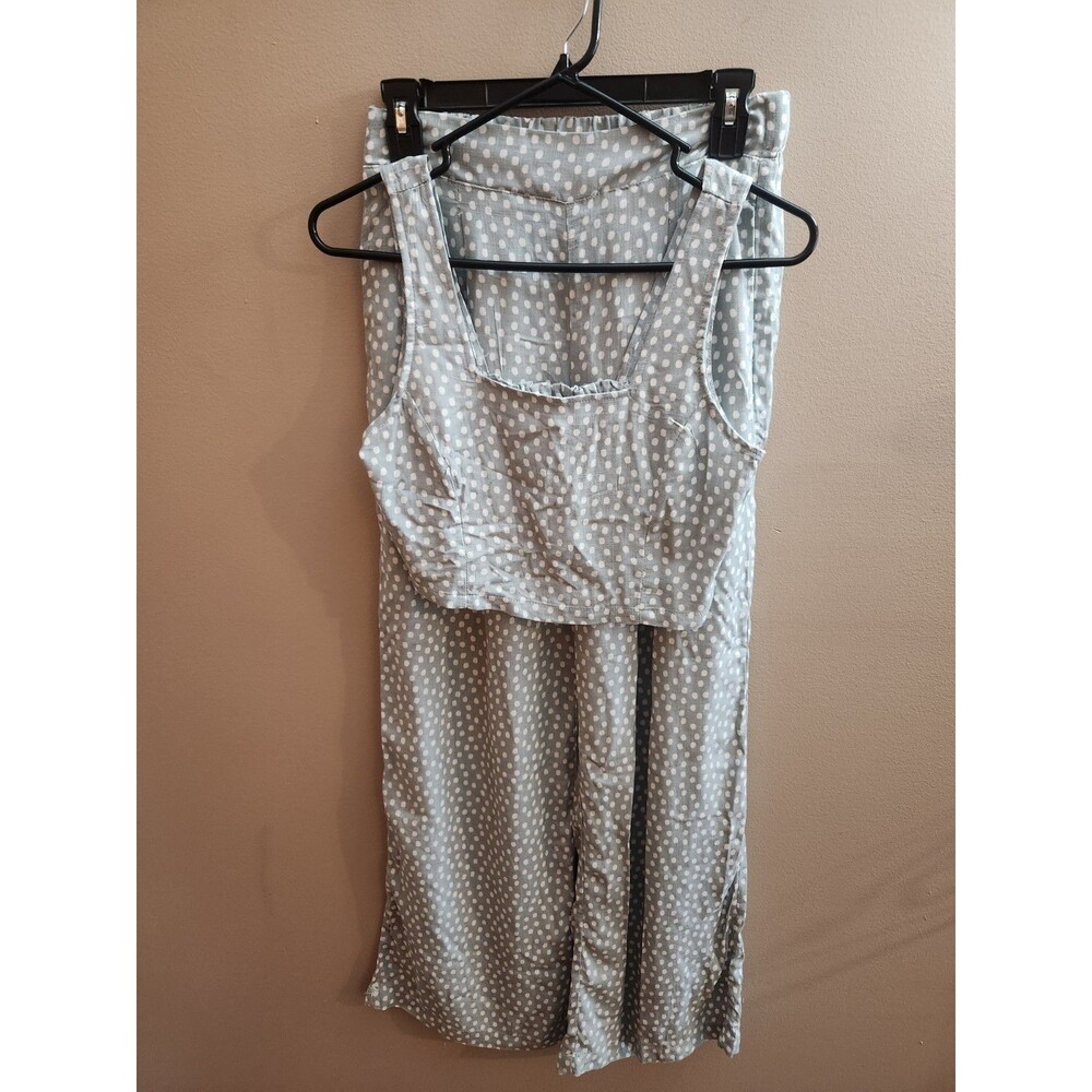 Thread & Supply Women's Sage White Polka Dot Crop Top Pant Set Smocked Back XS